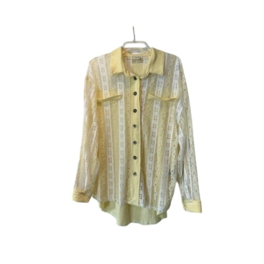 POL Womens Yellow White Lace Button Down Shirt Floral Elbow Patch YKT411B M